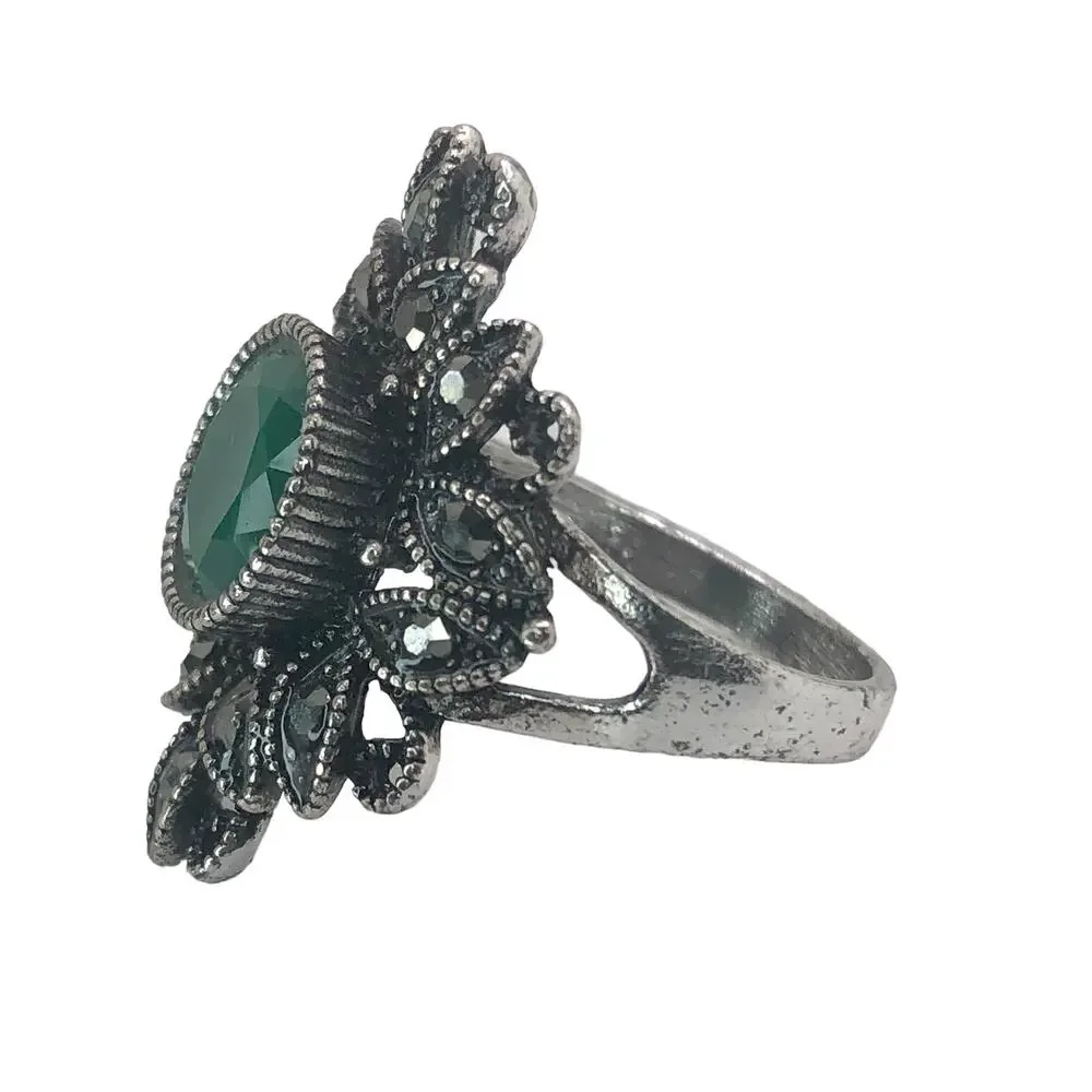Silver and Green Rhinestone Statement Ring - Size 9